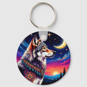 Wolf Under the Crescent Moon at Night Key Ring