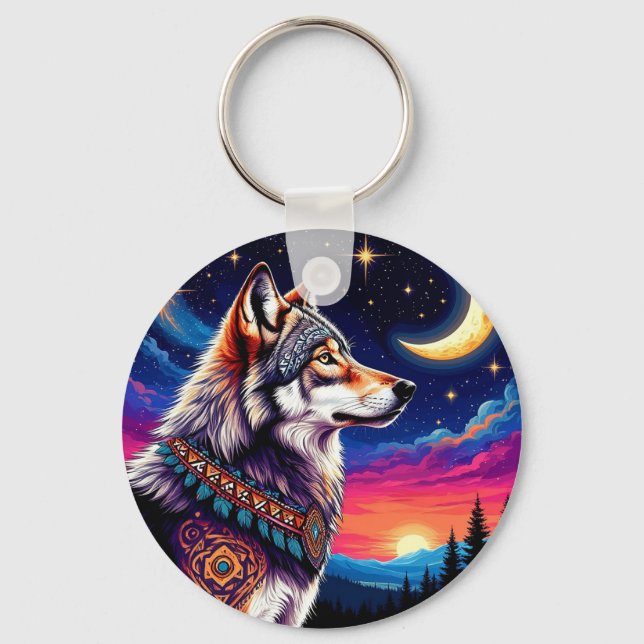 Wolf Under the Crescent Moon at Night Key Ring (Front)