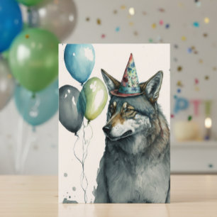 Wolf Watercolor with Balloons Birthday Card