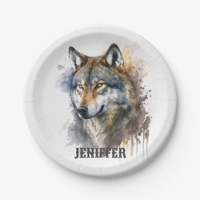 Wolf Watercolour Painting         Paper Plate (Front)