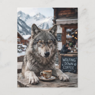 Wolf Wearing Glasses Drinking Coffee at Ski Resort Postcard