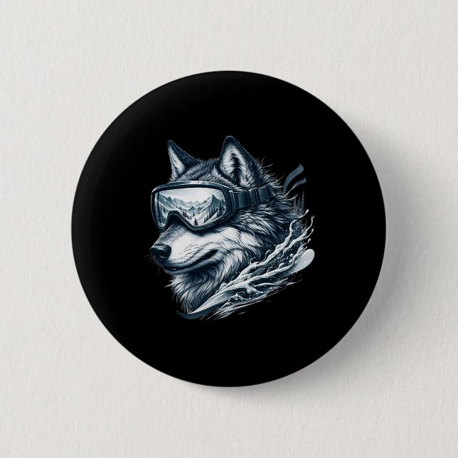 Wolf Wearing Ski Snowboard Goggles Wolf Skiing  6 Cm Round Badge (Front)