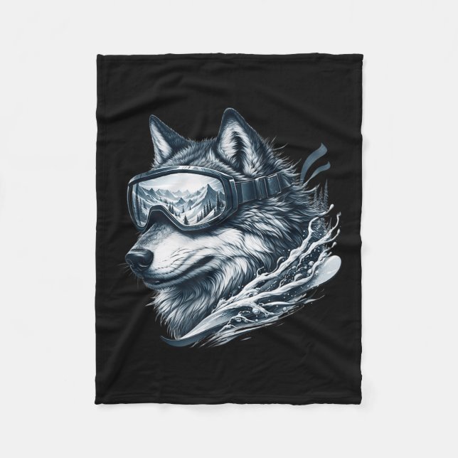 Wolf Wearing Ski Snowboard Goggles Wolf Skiing  Fleece Blanket (Front)