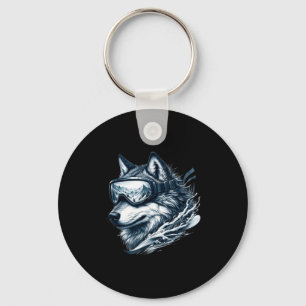Wolf wearing ski snowboard goggles wolf skiing key ring