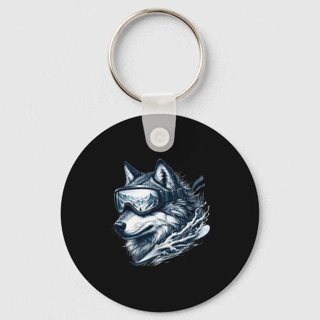 Wolf wearing ski snowboard goggles wolf skiing  key ring (Front)