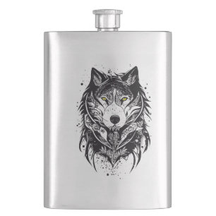 Wolf Wild Animal Nature Illustration Art Tattoo Hip Flask