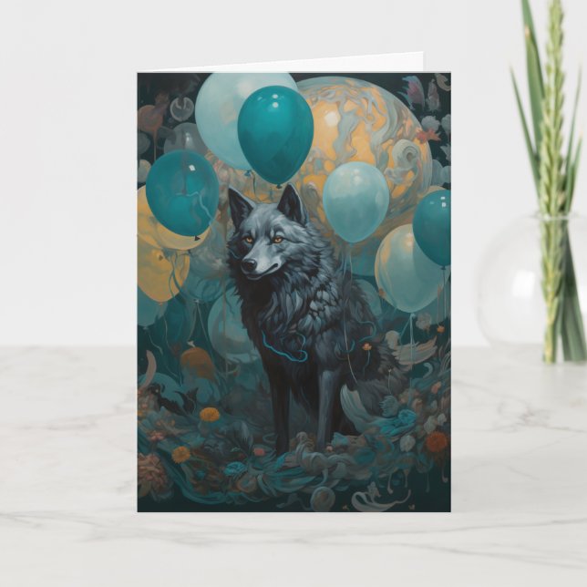 Wolf With Balloons Birthday  Card (Front)