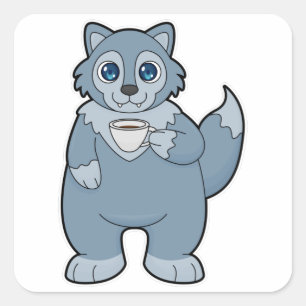 Wolf with Cup of Coffee Square Sticker