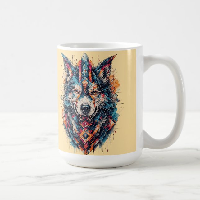 Wolf with Geometric Elements and Vibrant Colours Coffee Mug (Right)