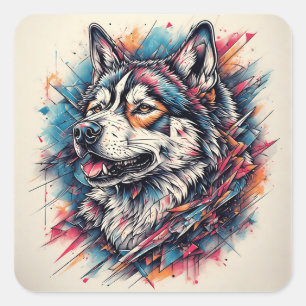 Wolf with Geometric Elements and Vibrant Colours Square Sticker