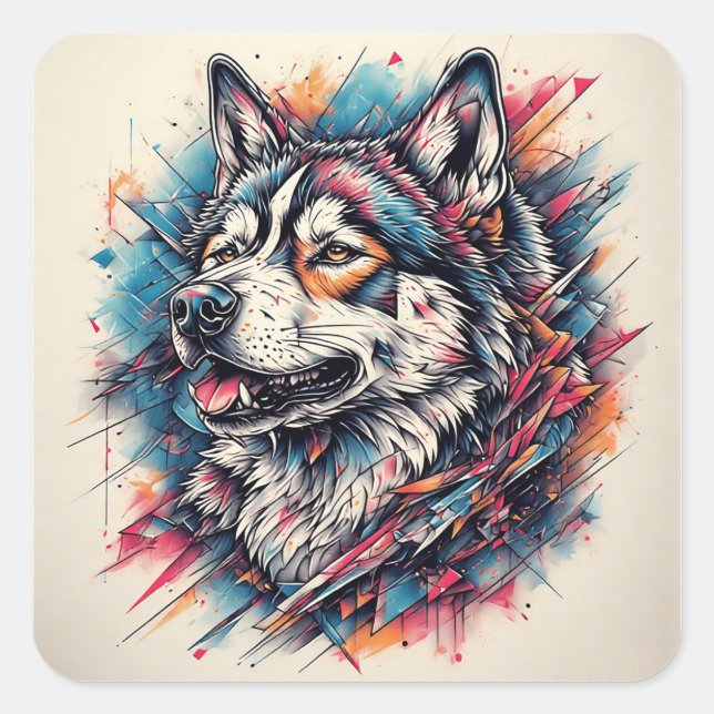 Wolf with Geometric Elements and Vibrant Colours Square Sticker (Front)