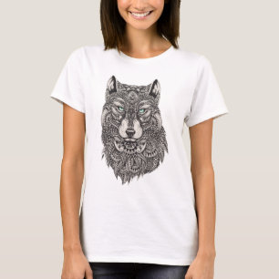 Wolf With Green Eyes Detailed Illustration T-Shirt