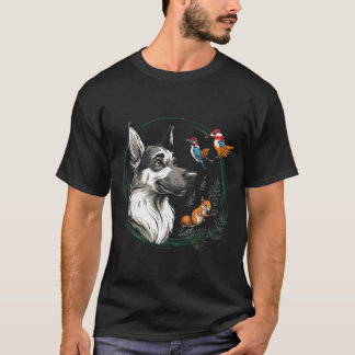 Wolf with Squirrel and Colourful Birds T-Shirt