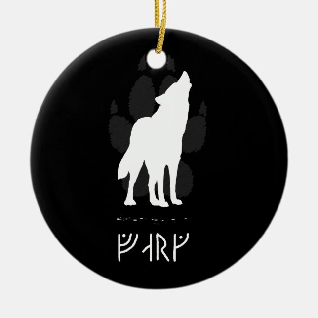 Wolf with viking runes ceramic tree decoration (Front)