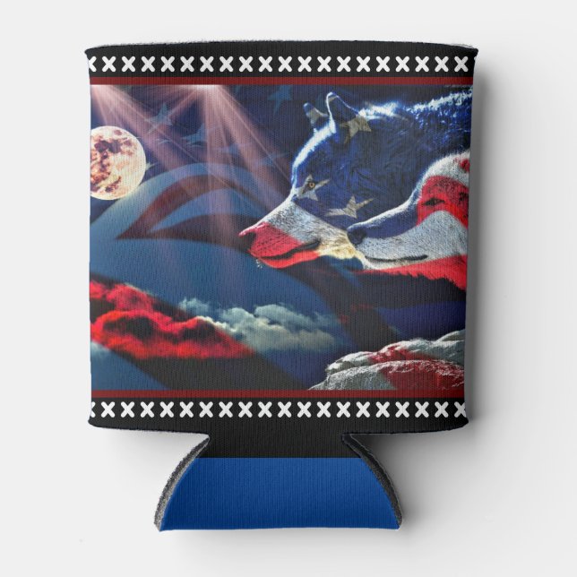 Wolf Wolves Full Moon American Flag Can Cooler (Front)