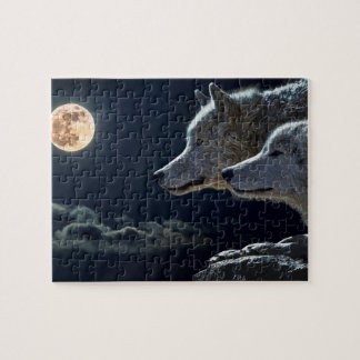 Wolf Wolves Howling at the Full Moon at Night Jigsaw Puzzle