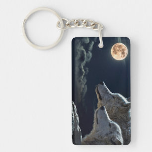 Wolf Wolves Howling at the Full Moon at Night Key Ring