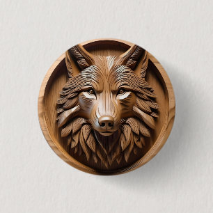 Wolf Wood Carving, 3 Cm Round Badge