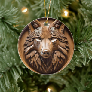 Wolf Wood Carving, Ceramic Tree Decoration