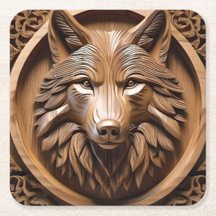 Wolf Wood Carving, Square Paper Coaster