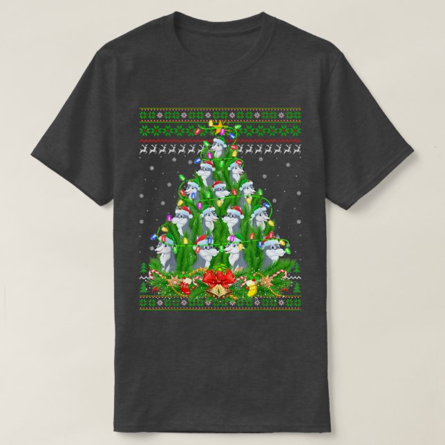 Wolf Xmas Lighting Tree Santa Wolf Ugly Christmas  T-Shirt (Design Front)