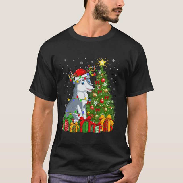 Wolf Xmas Tree Lighting Santa Hat Wolf Christmas T-Shirt (Front)