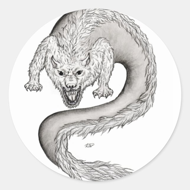 Wolfdragon black and white Design Classic Round Sticker (Front)
