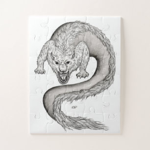 Wolfdragon black and white design jigsaw puzzle