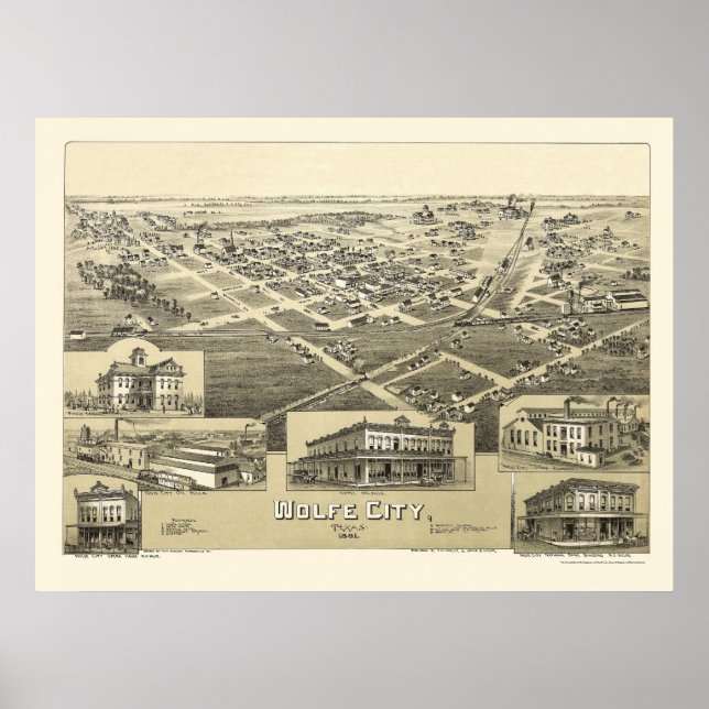 Wolfe City, TX Panoramic Map - 1891 Poster (Front)