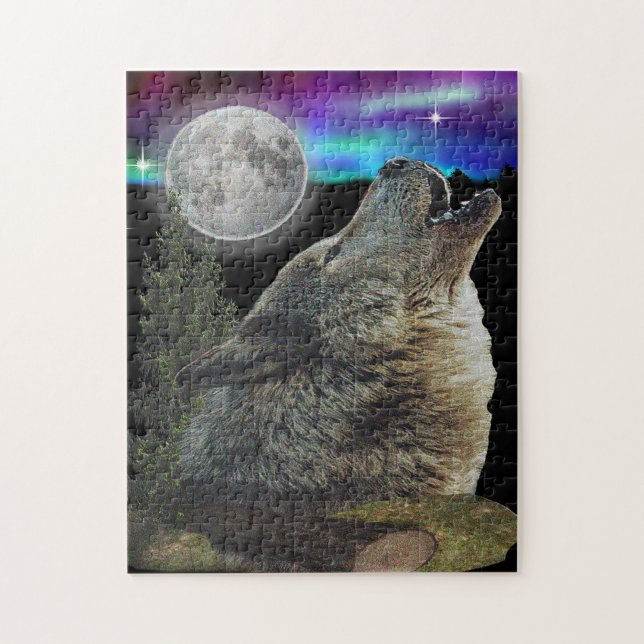 Wolfes howling at moon jigsaw puzzle (Vertical)