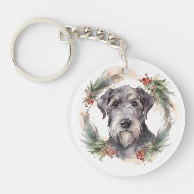 Wolfhound Christmas Wreath Festive Pup  Key Ring (Front)
