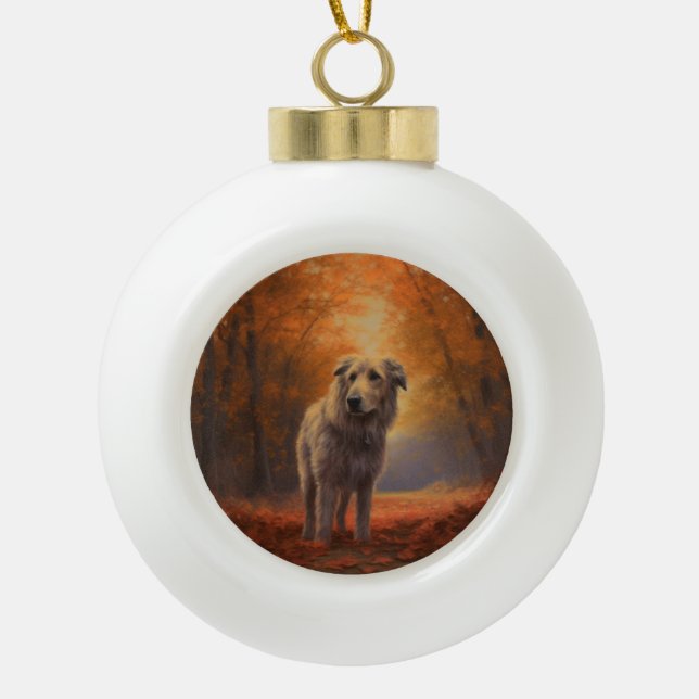 Wolfhound in Autumn Leaves Fall Inspire  Ceramic Ball Christmas Ornament (Front)