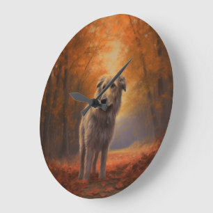Wolfhound in Autumn Leaves Fall Inspire  Large Clock