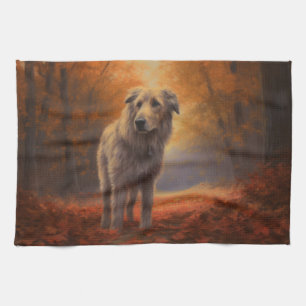 Wolfhound in Autumn Leaves Fall Inspire  Tea Towel