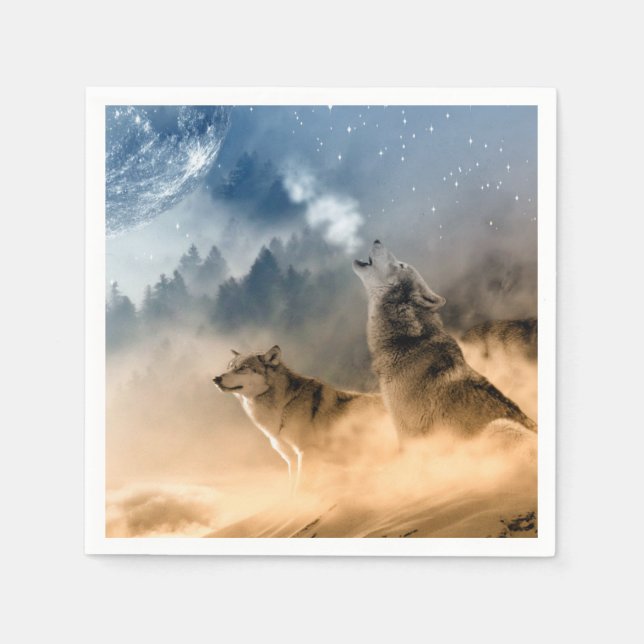 Wolfs Howl on a Cold Foggy Starry Star Fall Night Napkin (Front)