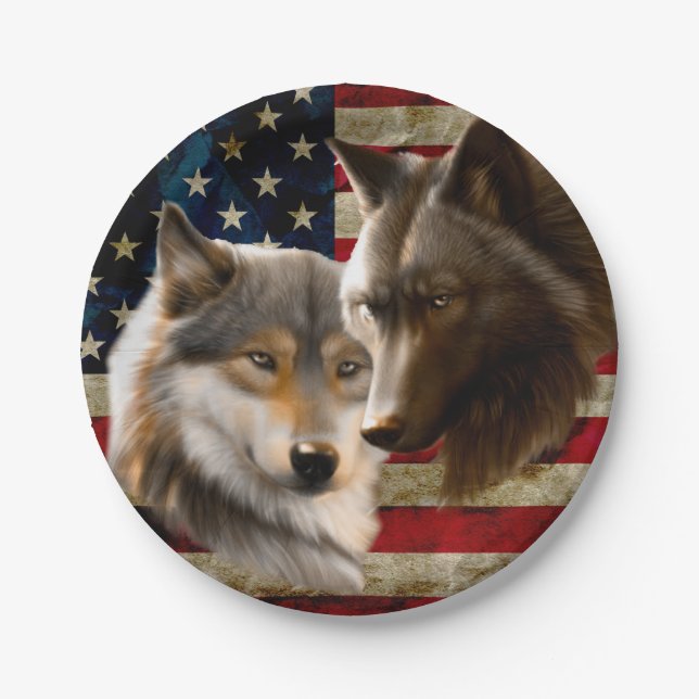 Wolves  American Flag Paper Plate (Front)