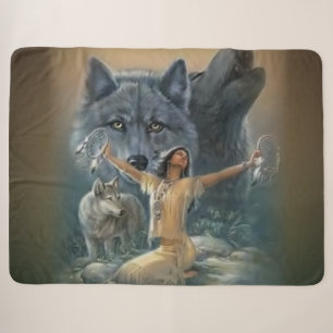 WOLVES and INDIAN MAIDEN Sherpa Blanket