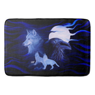 Wolves and Raven with full moon Bath Mat