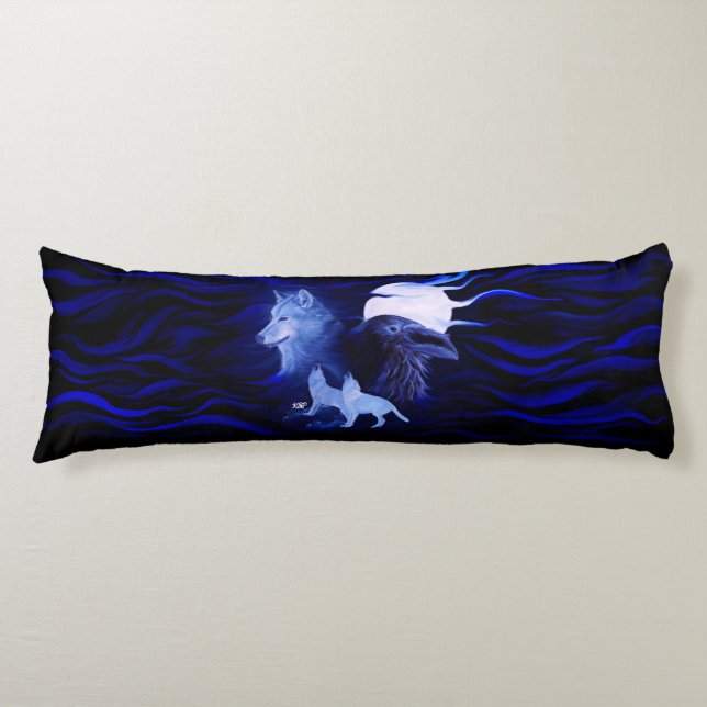 Wolves and Raven with full moon Body Cushion (Front)