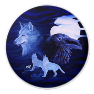 Wolves and Raven with full moon Ceramic Knob