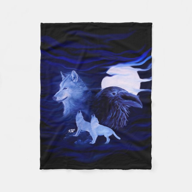 Wolves and Raven with full moon Fleece Blanket (Front)