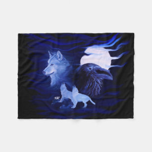 Wolves and Raven with full moon Fleece Blanket