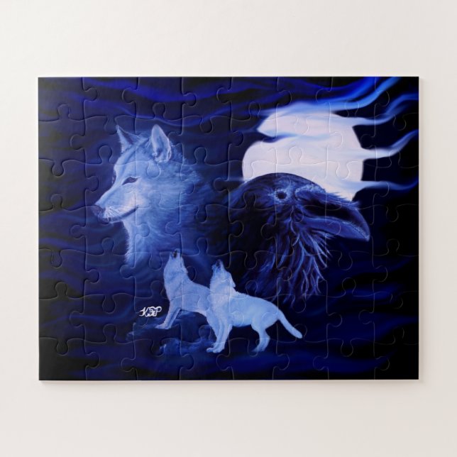 Wolves and Raven with full moon Jigsaw Puzzle (Horizontal)
