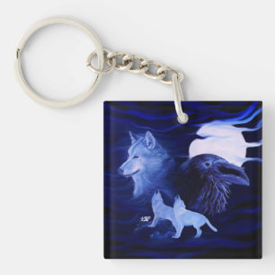 Wolves and Raven with full moon Key Ring