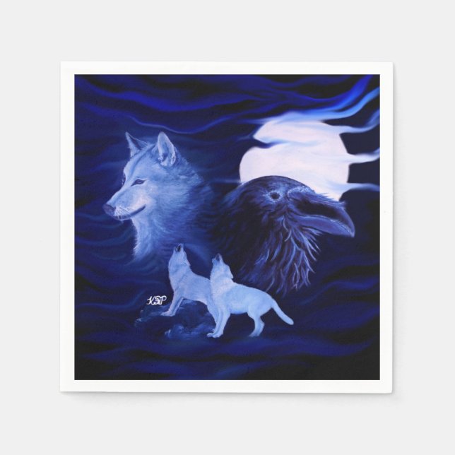 Wolves and Raven with full moon Napkin (Front)