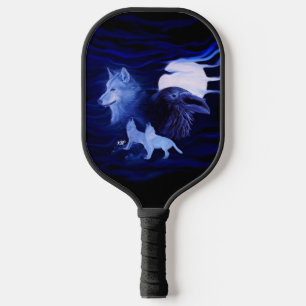 Wolves and Raven with full moon Pickleball Paddle