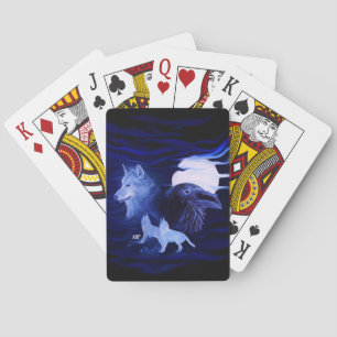 Wolves and Raven with full moon Playing Cards