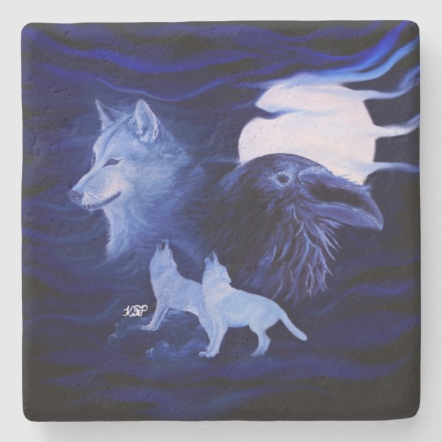 Wolves and Raven with full moon Stone Coaster (Front)