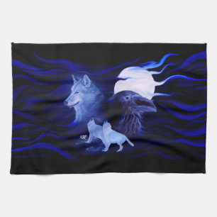 Wolves and Raven with full moon Tea Towel