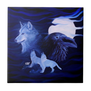 Wolves and Raven with full moon Tile